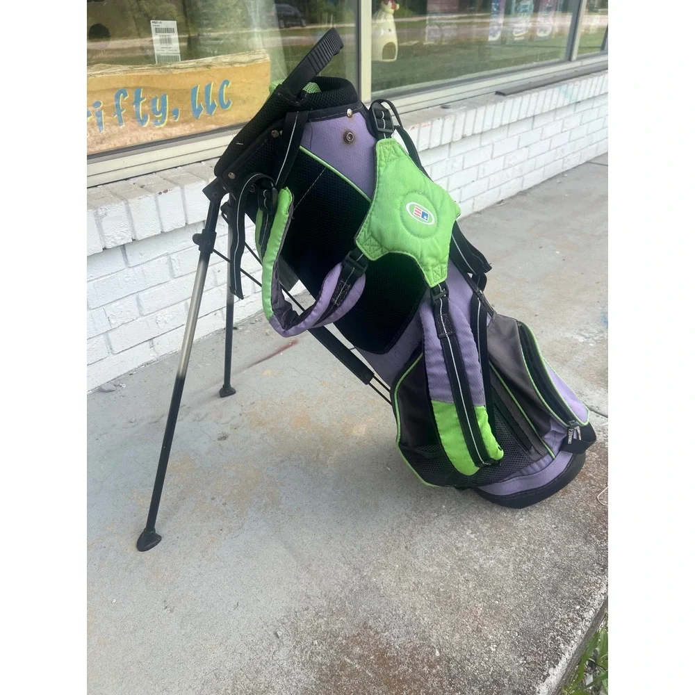 US Kids Golf Junior Stand Bag Purple Lime Green Lightweight Dual Strap USKG57